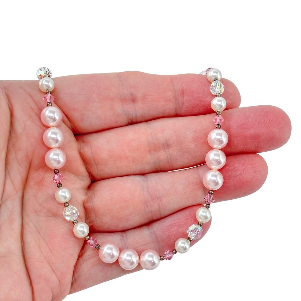 Vintage Sterling Silver 925 Pink Pearl & Crystal Beaded Necklace 20"